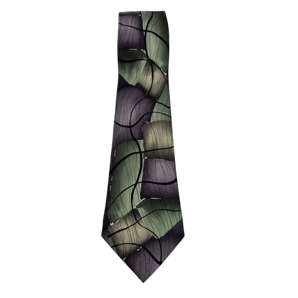 J Garcia Tie Moon Mountains Collection 51 Purple Green Abstract Silk Necktie